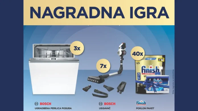 Finish nagradna igra 2026 u Konzumu Finish nagradna igra u Konzumu za 3 Bosch perilice suđa, 7 Bosch štapnih usisavača i 40 Finish poklon pakete